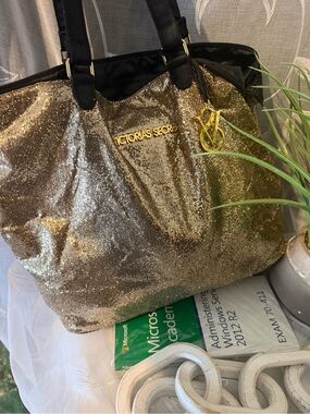 Victoria's Secret Gold Sequin Tote with Black Handles